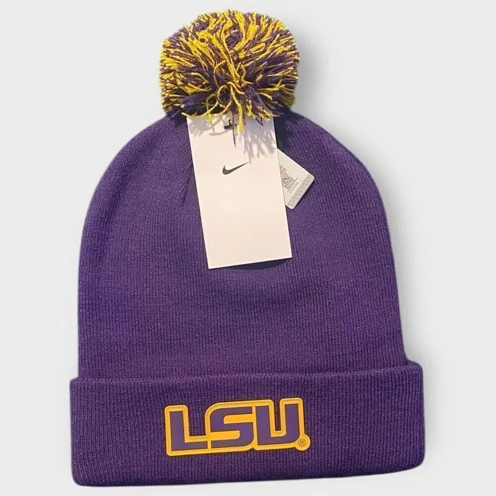 Nike NCAA Peak Cuffed Knit Hat with Pom LSU Tigers HJ5449-547 One Size New